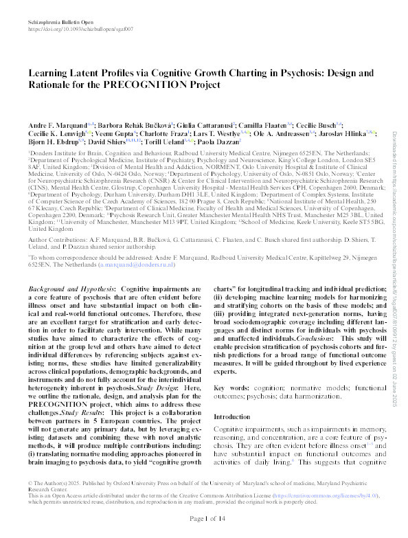 Learning Latent Profiles via Cognitive Growth Charting in Psychosis: Design and Rationale for the PRECOGNITION Project Thumbnail