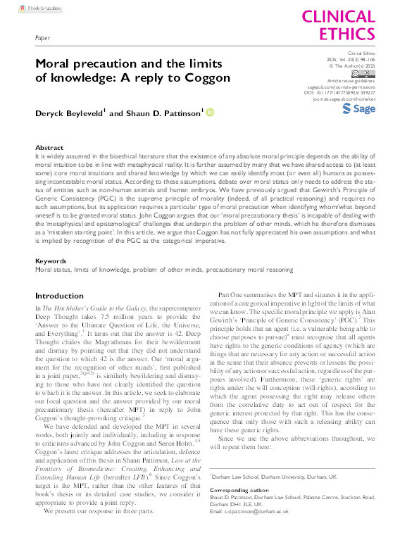 Moral Precaution and the Limits of Knowledge: A Reply to Coggon Thumbnail
