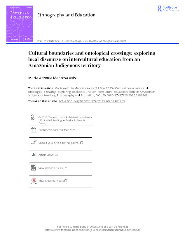Cultural boundaries and ontological crossings: exploring local discourse on intercultural education from an Amazonian Indigenous territory Thumbnail