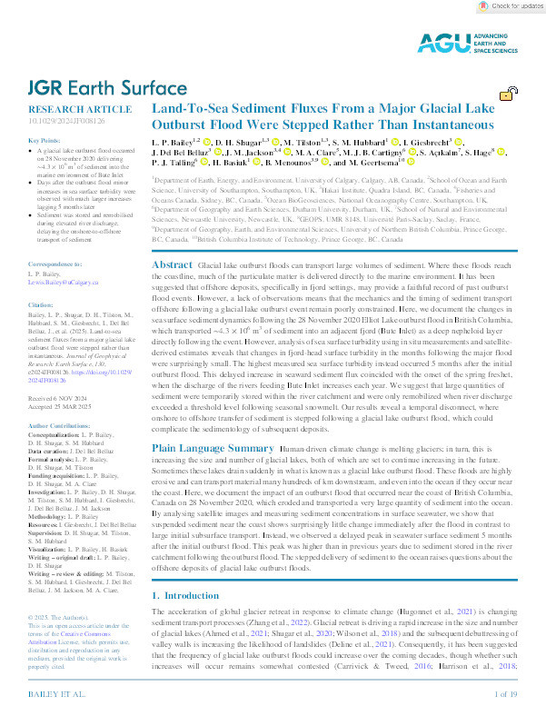 Land‐To‐Sea Sediment Fluxes From a Major Glacial Lake Outburst Flood Were Stepped Rather Than Instantaneous Thumbnail