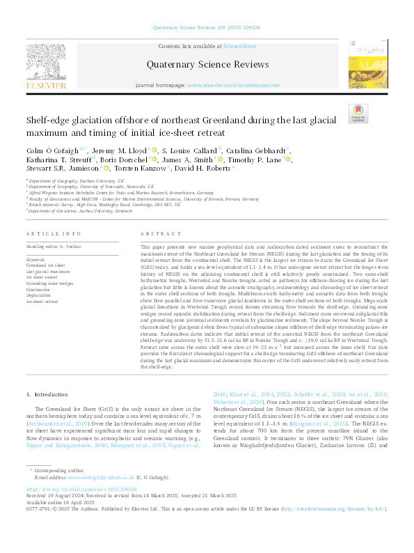 Shelf-edge glaciation offshore of northeast Greenland during the last glacial maximum and timing of initial ice-sheet retreat Thumbnail