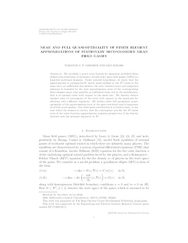 Near and full quasi-optimality of finite element approximations of stationary second-order mean field games Thumbnail