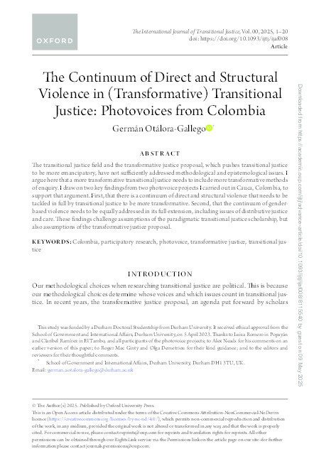 The Continuum of Direct and Structural Violence in (Transformative) Transitional Justice: Photovoices from Colombia Thumbnail