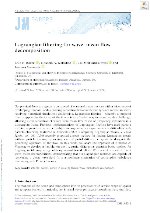 Lagrangian filtering for wave–mean flow decomposition Thumbnail