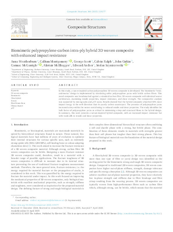 Biomimetic polypropylene-carbon intra-ply hybrid 3d woven composite with enhanced impact resistance Thumbnail