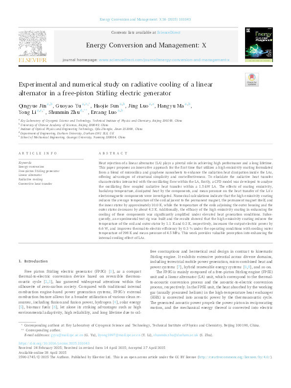 Experimental and numerical study on radiative cooling of a linear alternator in a free-piston Stirling electric generator Thumbnail