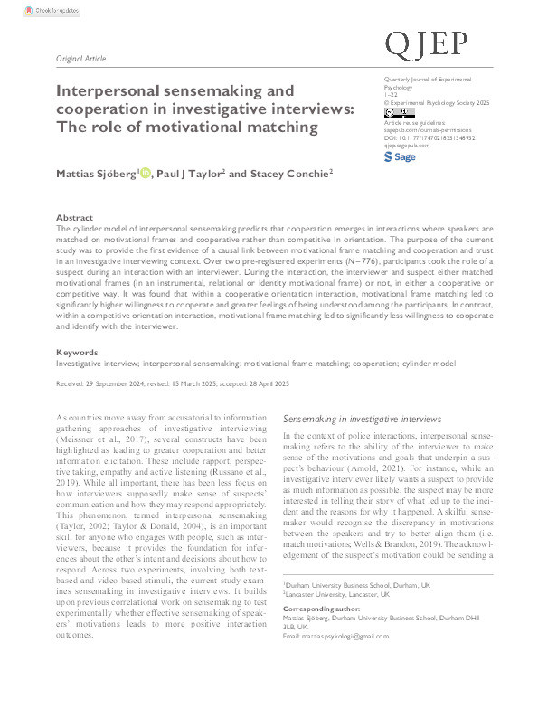 Interpersonal sensemaking and cooperation in investigative interviews: The role of matching. Thumbnail