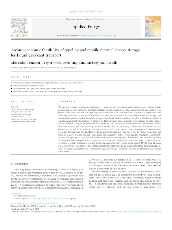 Techno-economic feasibility of pipeline and mobile thermal energy storage for liquid desiccant transport Thumbnail