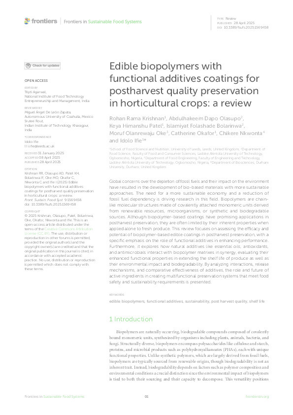 Edible biopolymers with functional additives coatings for postharvest quality preservation in horticultural crops: a review Thumbnail