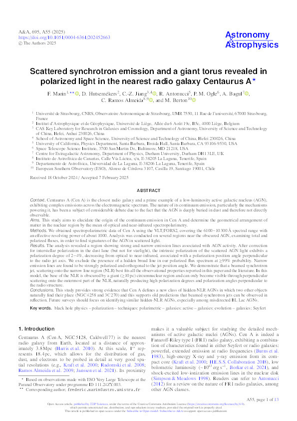Scattered synchrotron emission and a giant torus revealed in polarized light in the nearest radio galaxy Centaurus A Thumbnail