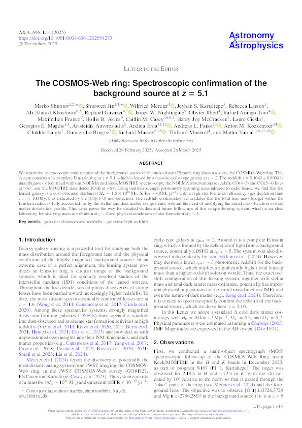 The COSMOS-Web ring: Spectroscopic confirmation of the background source at z = 5.1 Thumbnail