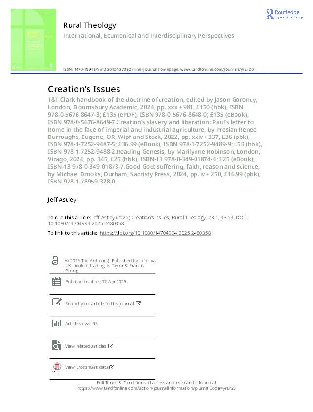 Creation’s Issues: T&T Clark handbook of the doctrine of creation, edited by Jason Goroncy, London, Bloomsbury Academic, 2024, pp. xxx + 981, £150 (hbk), ISBN 978-0-5676-8647-3; £135 (ePDF), ISBN 978-0-5676-8648-0; £135 (eBook), ISBN 978-0-5676-8649-7. Thumbnail