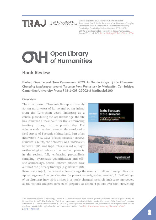 Review of: Barker, Graeme and Tom Rasmussen. 2023. In the Footsteps of the Etruscans: Changing Landscapes around Tuscania from Prehistory to Modernity. Cambridge: Cambridge University Press; 978-1-009-23002-5 hardback £100. Thumbnail