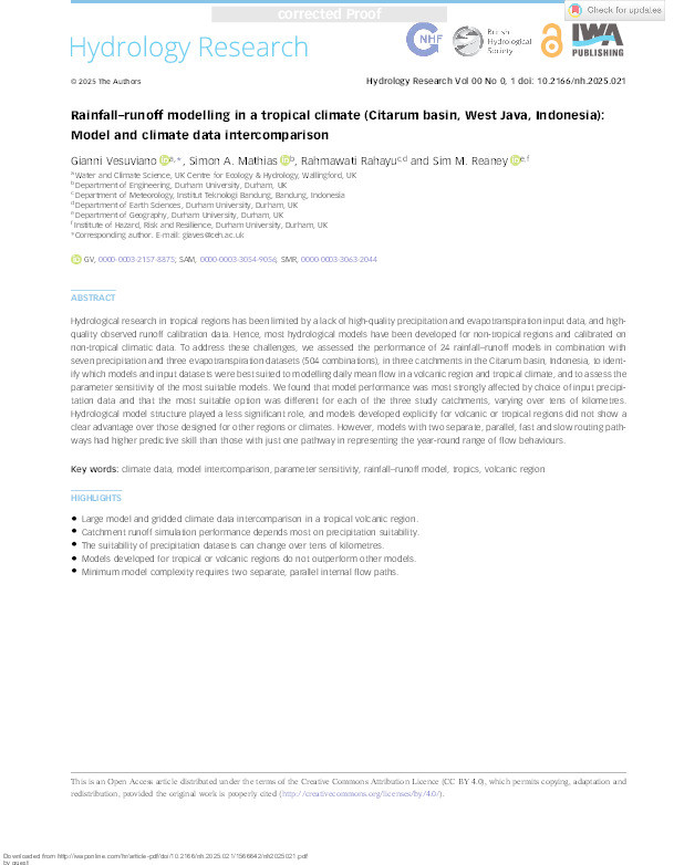 Rainfall–runoff modelling in a tropical climate (Citarum basin, West Java, Indonesia): model and climate data intercomparison Thumbnail