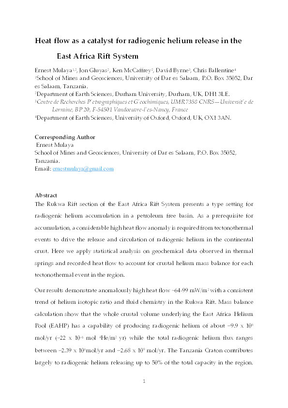 Heat flow as a catalyst for radiogenic helium release in the East Africa Rift System Thumbnail