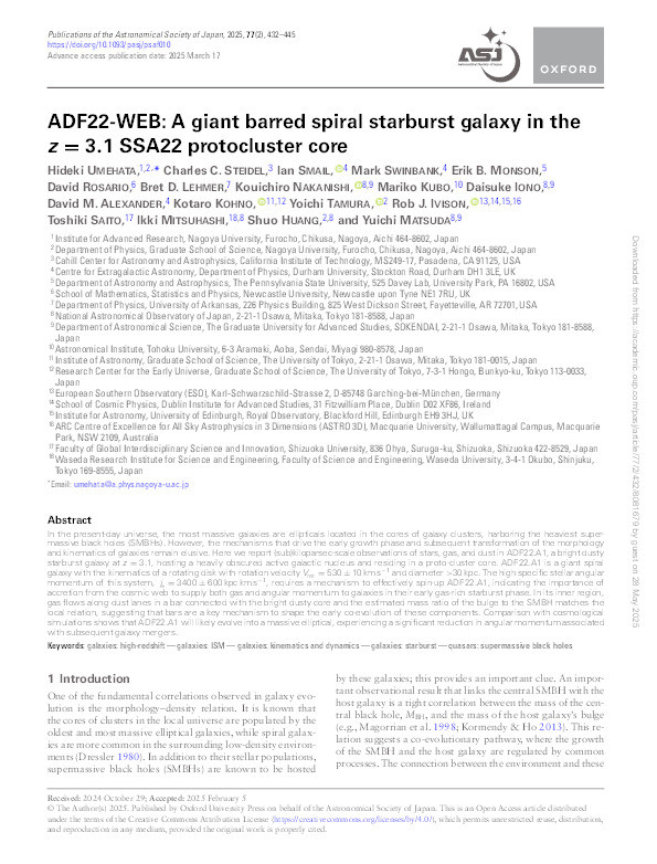 ADF22-WEB: A giant barred spiral starburst galaxy in the z = 3.1 SSA22 protocluster core Thumbnail