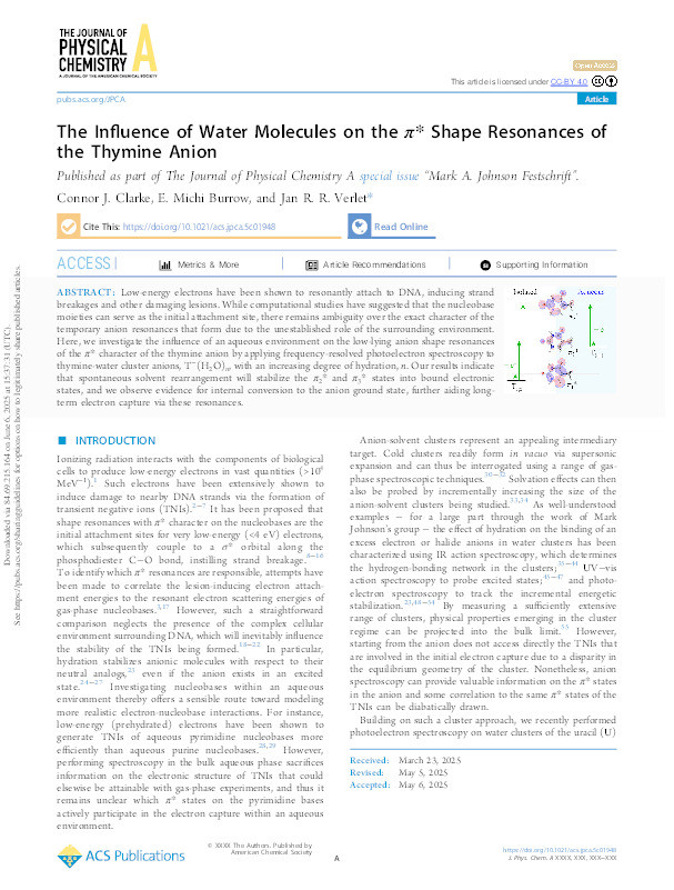 The Influence of Water Molecules on the π* Shape Resonances of the Thymine Anion. Thumbnail