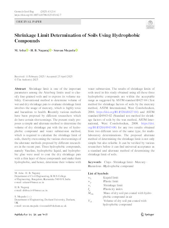Shrinkage Limit Determination of Soils Using Hydrophobic Compounds Thumbnail