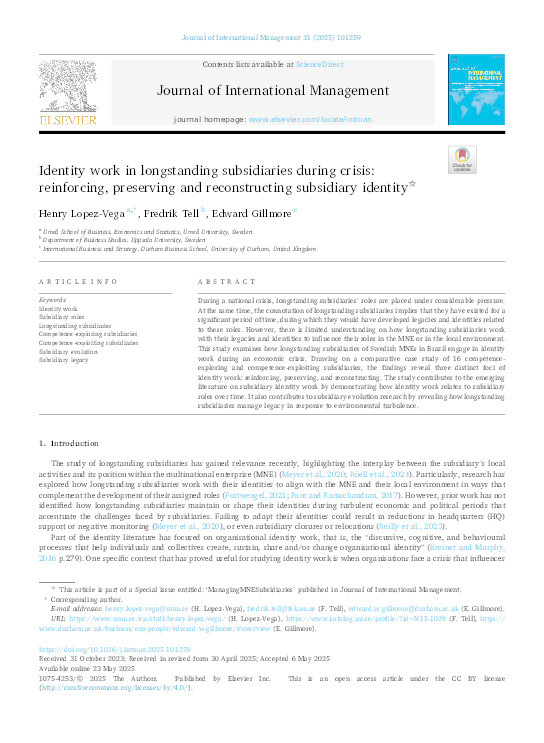 Identity work in longstanding subsidiaries during crisis: reinforcing, preserving and reconstructing subsidiary identity Thumbnail
