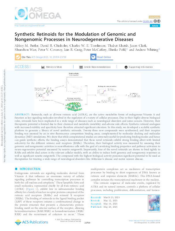 Synthetic Retinoids for the Modulation of Genomic and Nongenomic Processes in Neurodegenerative Diseases Thumbnail
