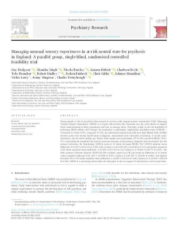 Managing unusual sensory experiences in at-risk mental state for psychosis in England: A parallel group, single-blind, randomised controlled feasibility trial Thumbnail