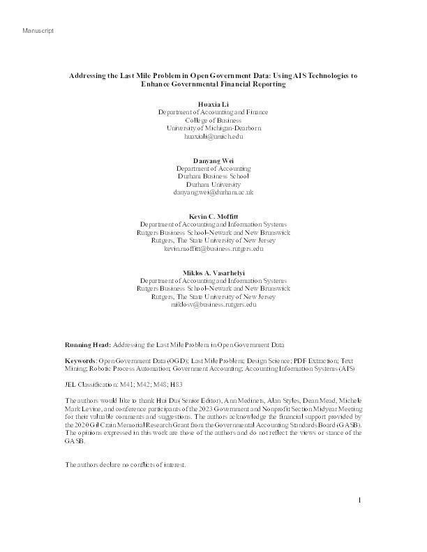Addressing the Last Mile Problem in Open Government Data: Using AIS Technologies to  Enhance Governmental Financial Reporting Thumbnail