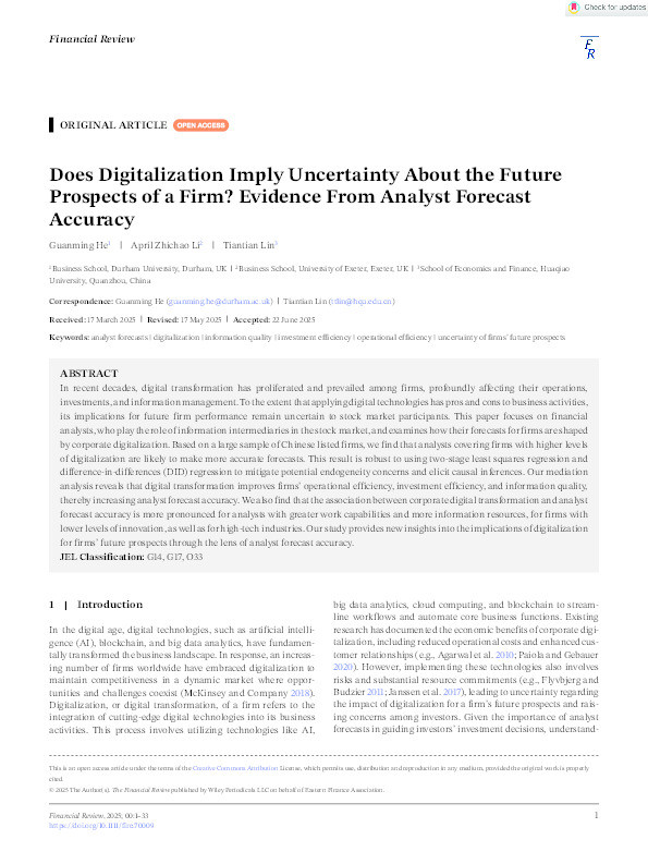 Does digitalization imply uncertainty about the future prospects of a firm? Evidence from analyst forecast accuracy Thumbnail