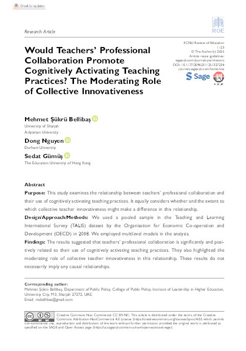 Would Teachers’ Professional Collaboration Promote Cognitively Activating Teaching Practices? The Moderating Role of Collective Innovativeness Thumbnail