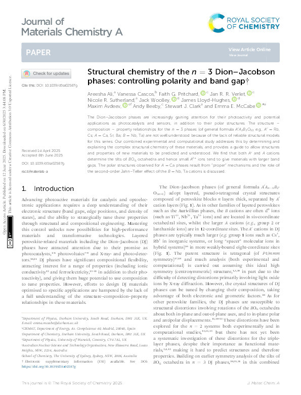 Structural chemistry of the n = 3 Dion–Jacobson phases: controlling polarity and band gap † Thumbnail