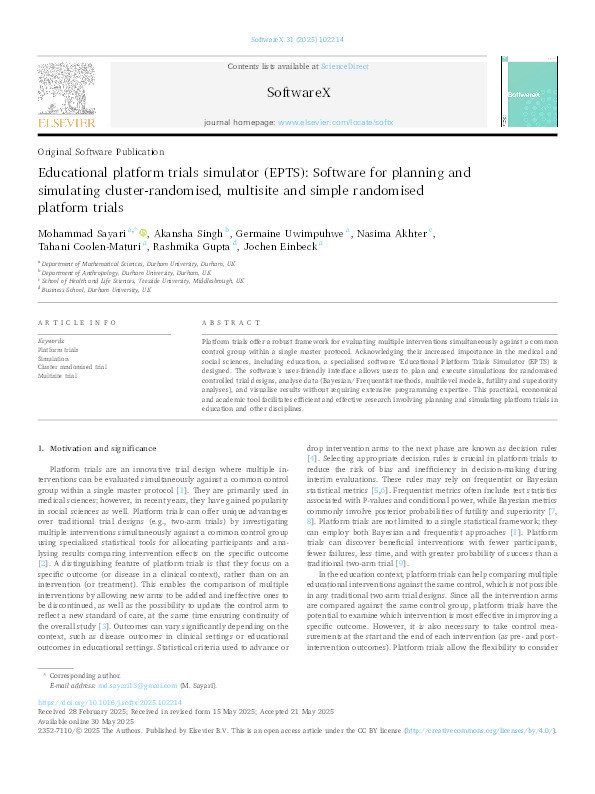 Educational platform trials simulator (EPTS): Software for planning and simulating cluster-randomised, multisite and simple randomised platform trials Thumbnail