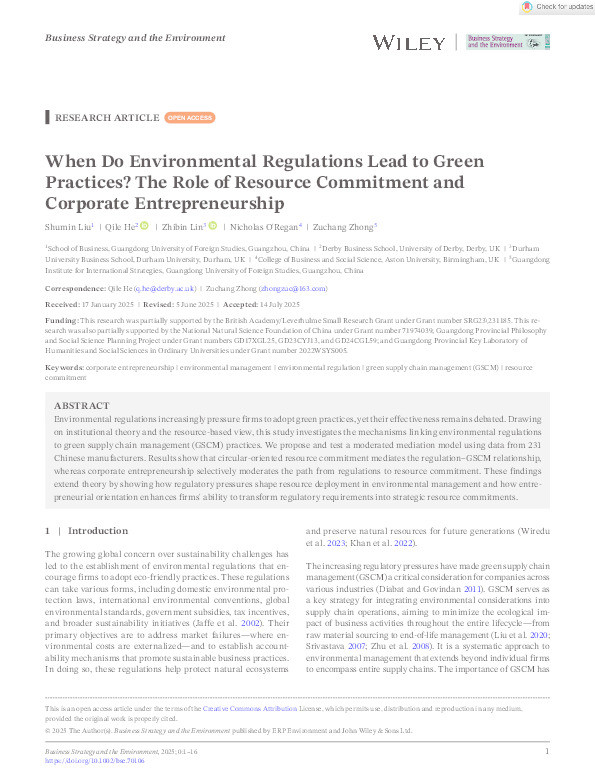When Do Environmental Regulations Lead to Green Practices? The Role of Resource Commitment and Corporate Entrepreneurship Thumbnail