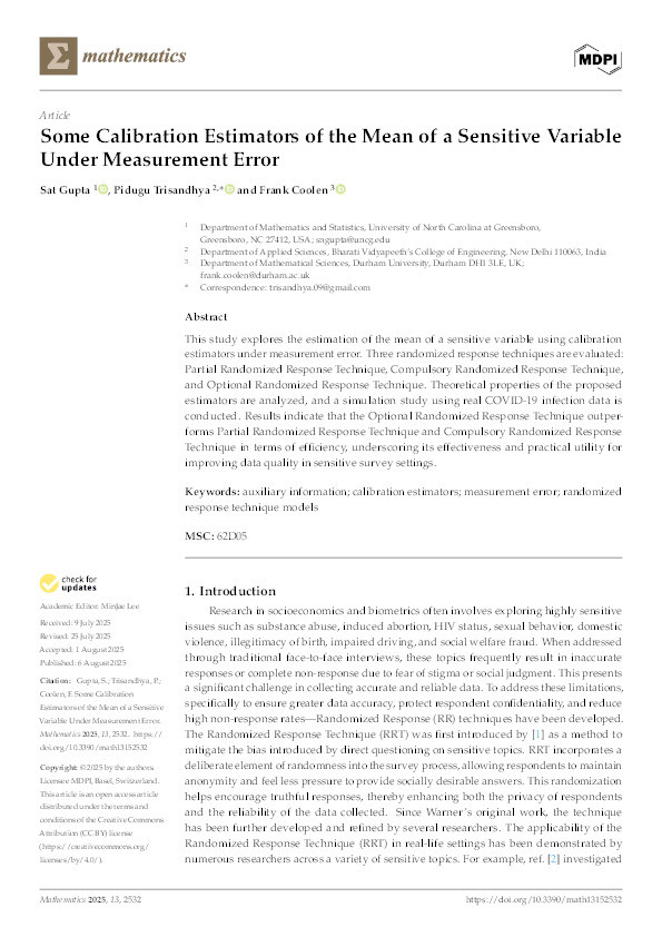 Some Calibration Estimators of the Mean of a Sensitive Variable Under Measurement Error Thumbnail