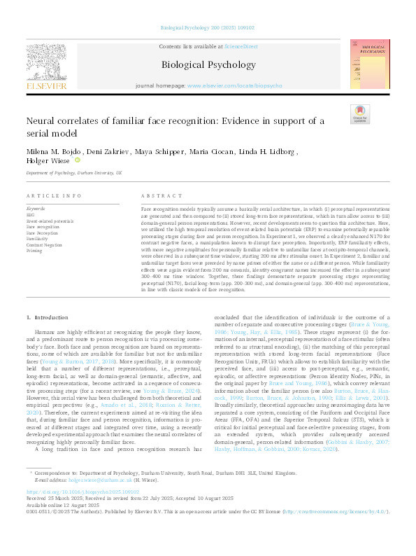 Neural Correlates of Familiar Face Recognition: Evidence in support of a Serial Model Thumbnail